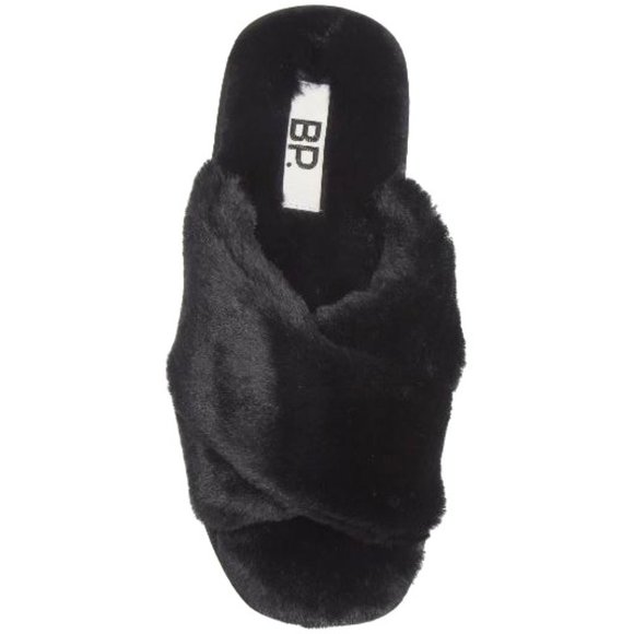 🆕 Nordstrom BP. Women's Mae Cross Strap Faux Fur Black Slippers - Picture 1 of 12